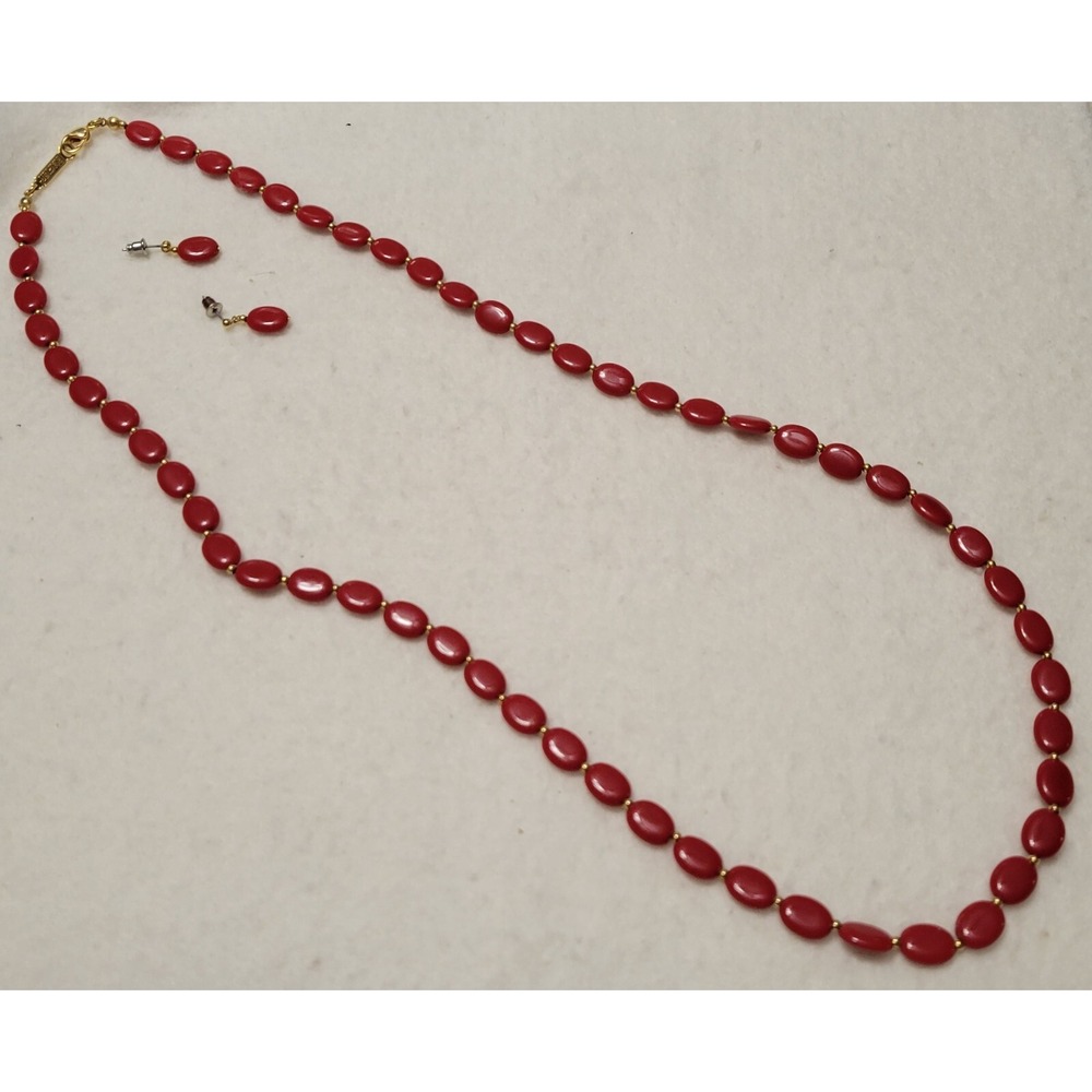 Vintage NAPIER Signed Red & Gold Acrylic Bead 28" Necklace & Stud Earrings